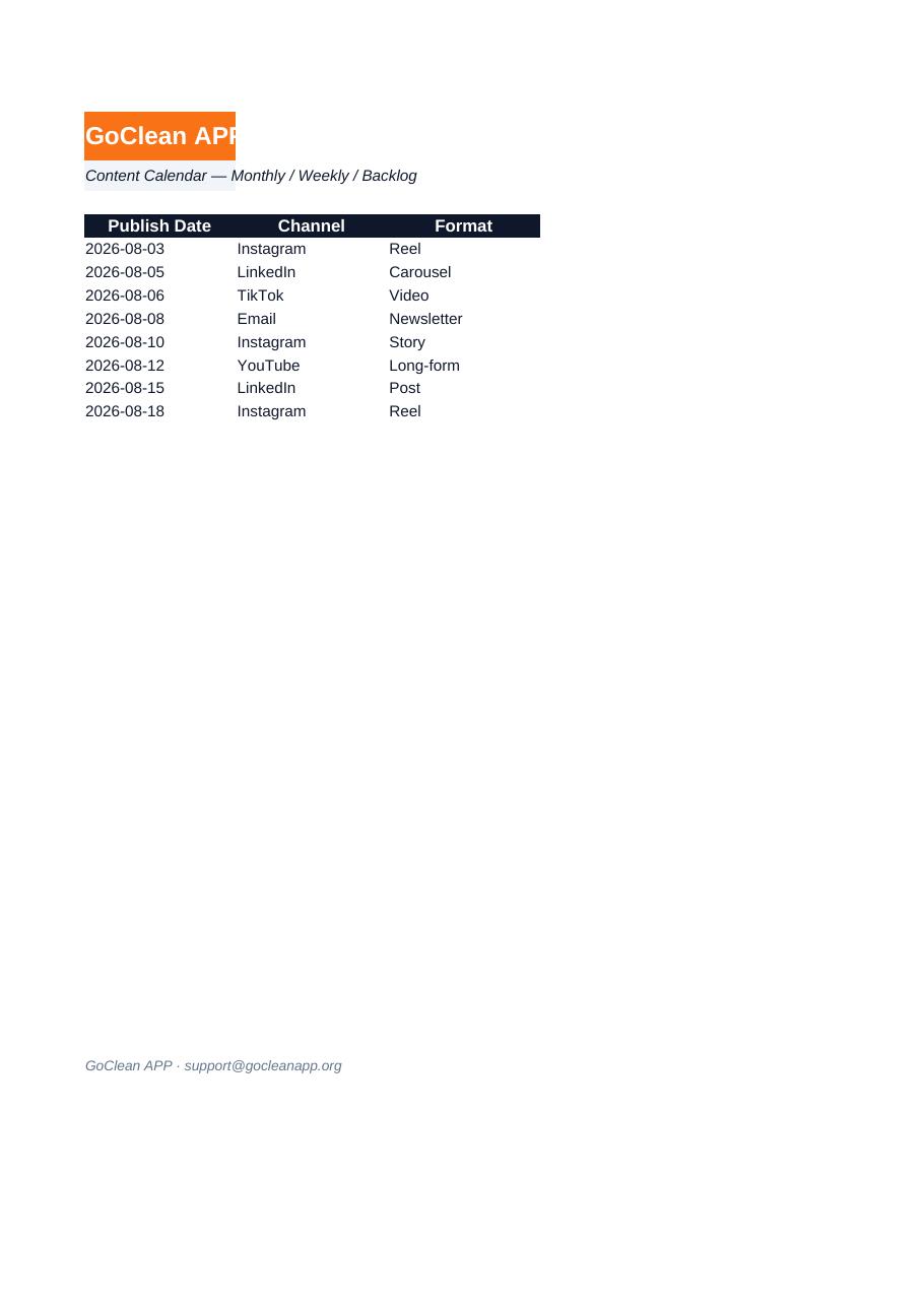 Preview of Social Content Calendar